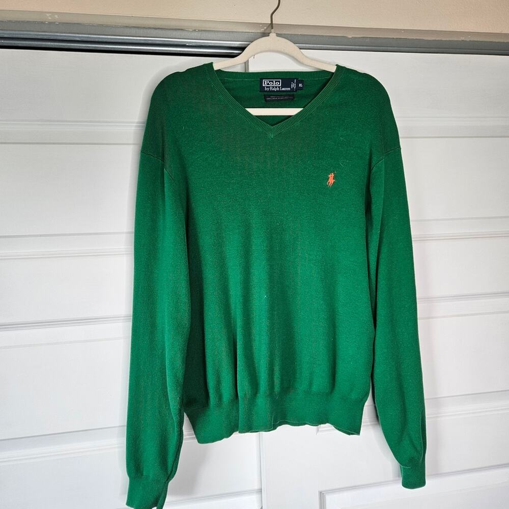 Polo Ralph Lauren Green V-Neck Sweater 100% Pima Cotton Men's Size XL Old Money